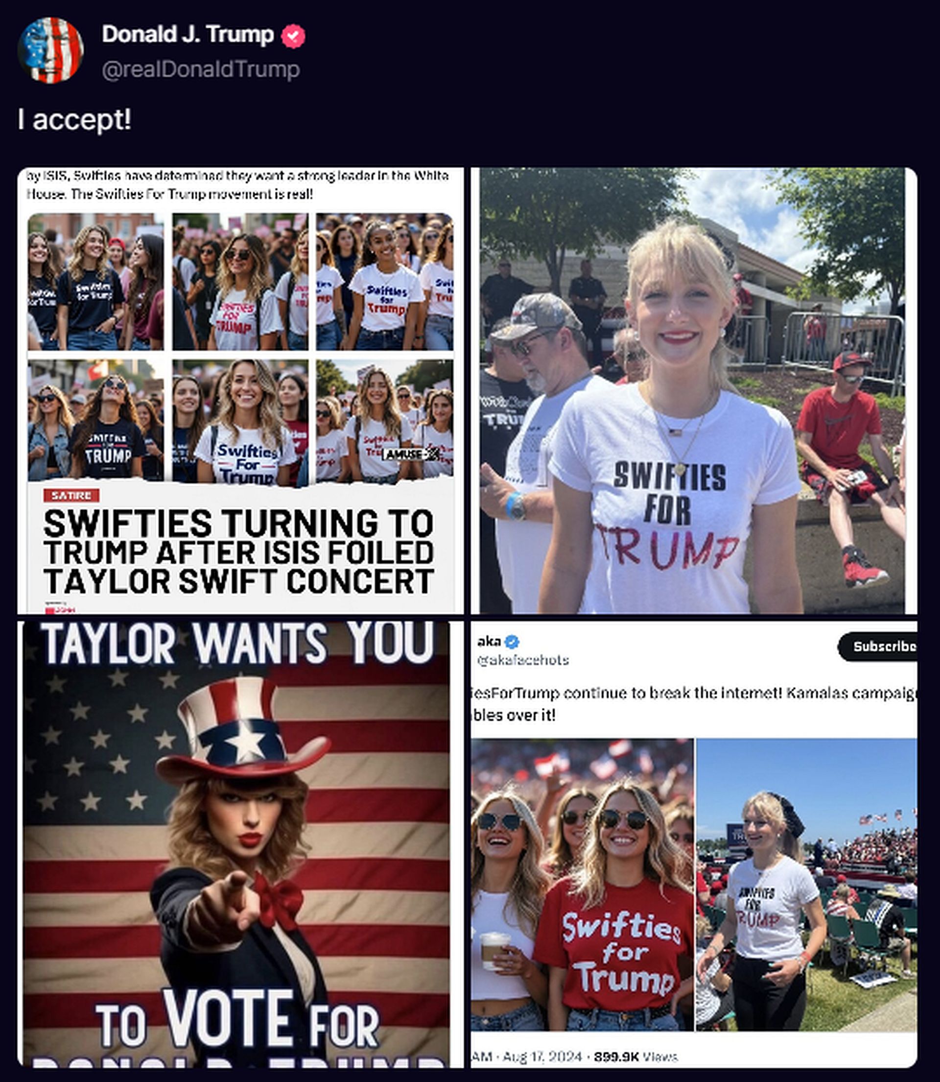 Donald Trump Taylor Swift AI images falsely depicting her as a supporter of his 2024 campaign spark outrage among Swifties. 