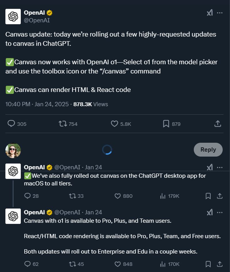 CHATGPT Canvas ora supporta O1 e il rendering del codice in tempo reale