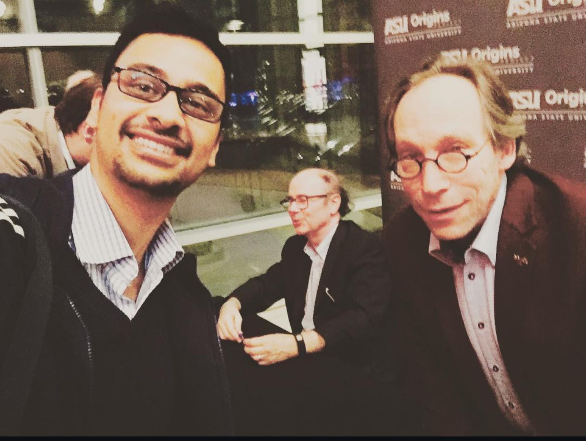 Satish at the School of Earth and Space Exploration at ASU with Nobel Prize–winning physicist Dr. Frank Wilczek (center) and Dr. Lawrence Krauss (right)