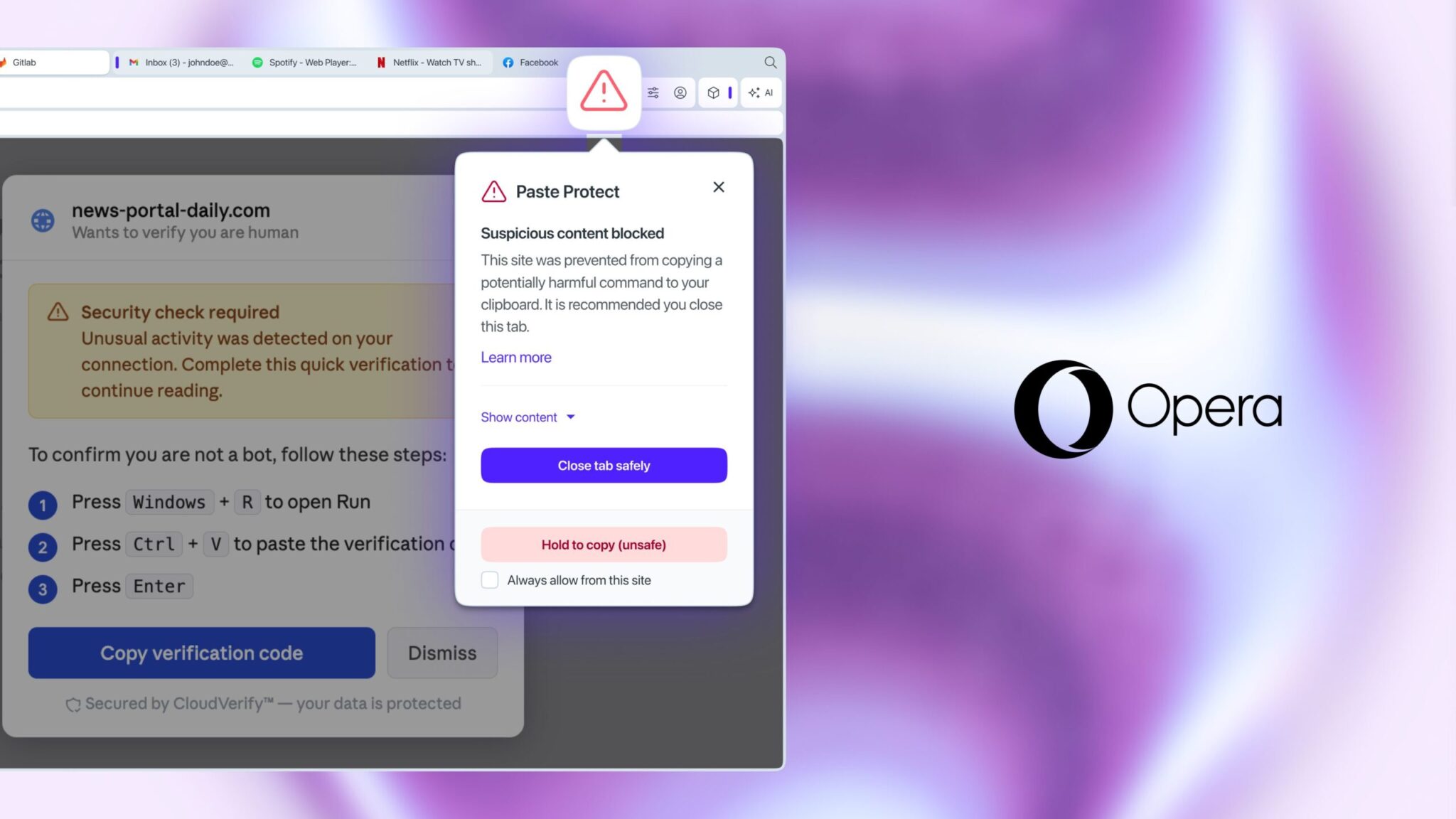 Opera ajoute une protection contre les attaques ClickFix par copier-coller Opera ajoute une protection contre les attaques ClickFix par copier-coller